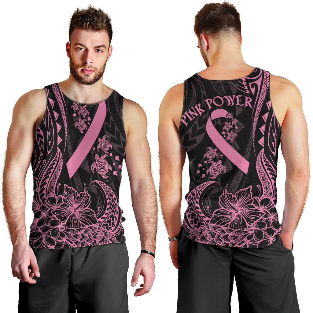 Polynesian Pink Power Men Tank Top Breast Cancer Ribbon Turtle and Flowers