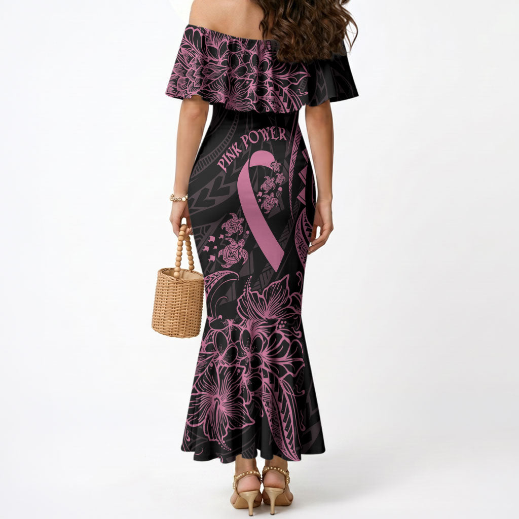 Polynesian Pink Power Mermaid Dress Breast Cancer Ribbon Turtle and Flowers