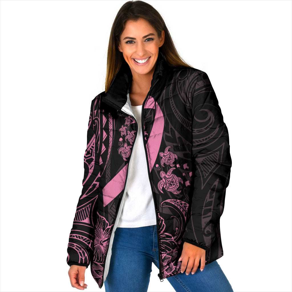 Polynesian Pink Power Padded Jacket Breast Cancer Ribbon Turtle and Flowers