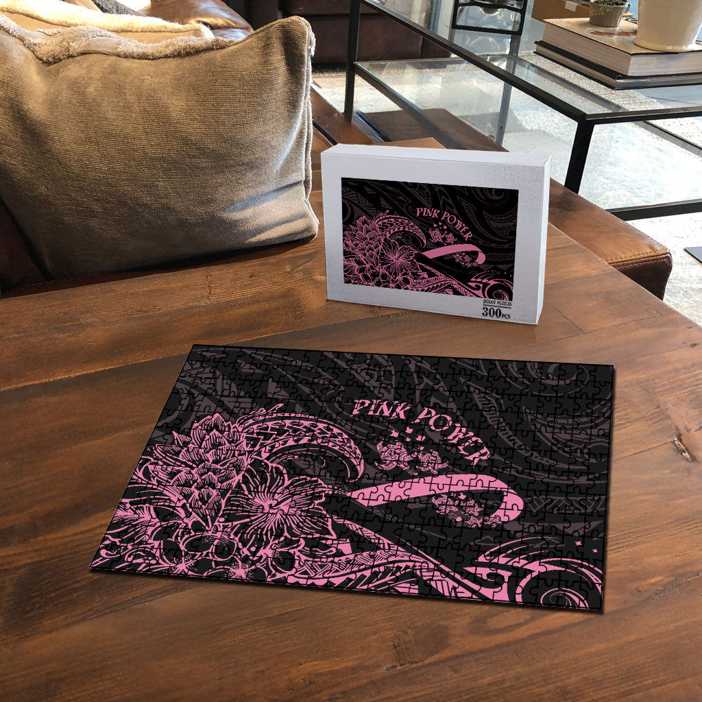 Polynesian Pink Power Puzzle Breast Cancer Ribbon Turtle and Flowers