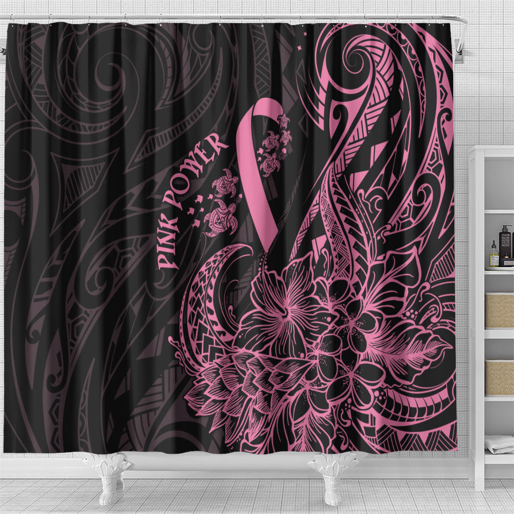 Polynesian Pink Power Shower Curtain Breast Cancer Ribbon Turtle and Flowers
