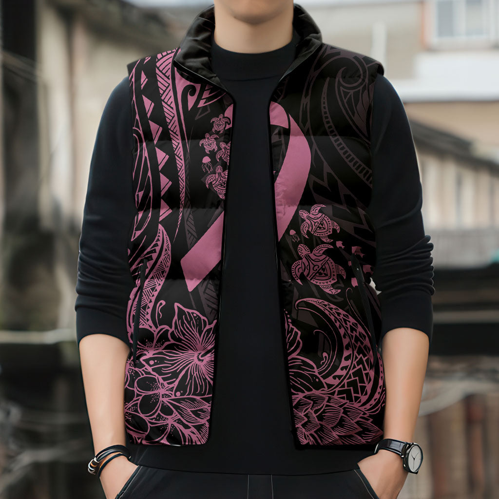 Polynesian Pink Power Sleeveless Puffer Jacket Breast Cancer Ribbon Turtle and Flowers
