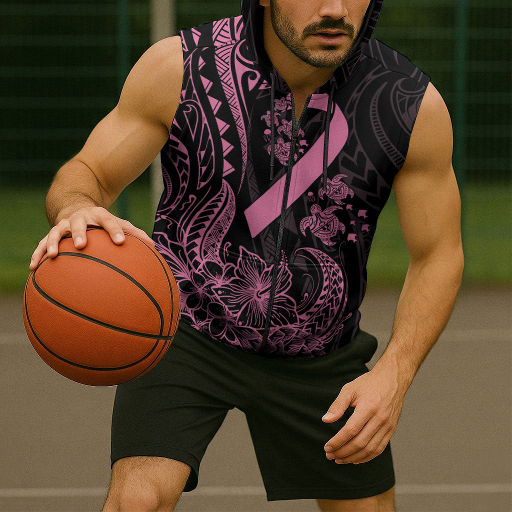Polynesian Pink Power Sleeveless Zip Hoodie Breast Cancer Ribbon Turtle and Flowers