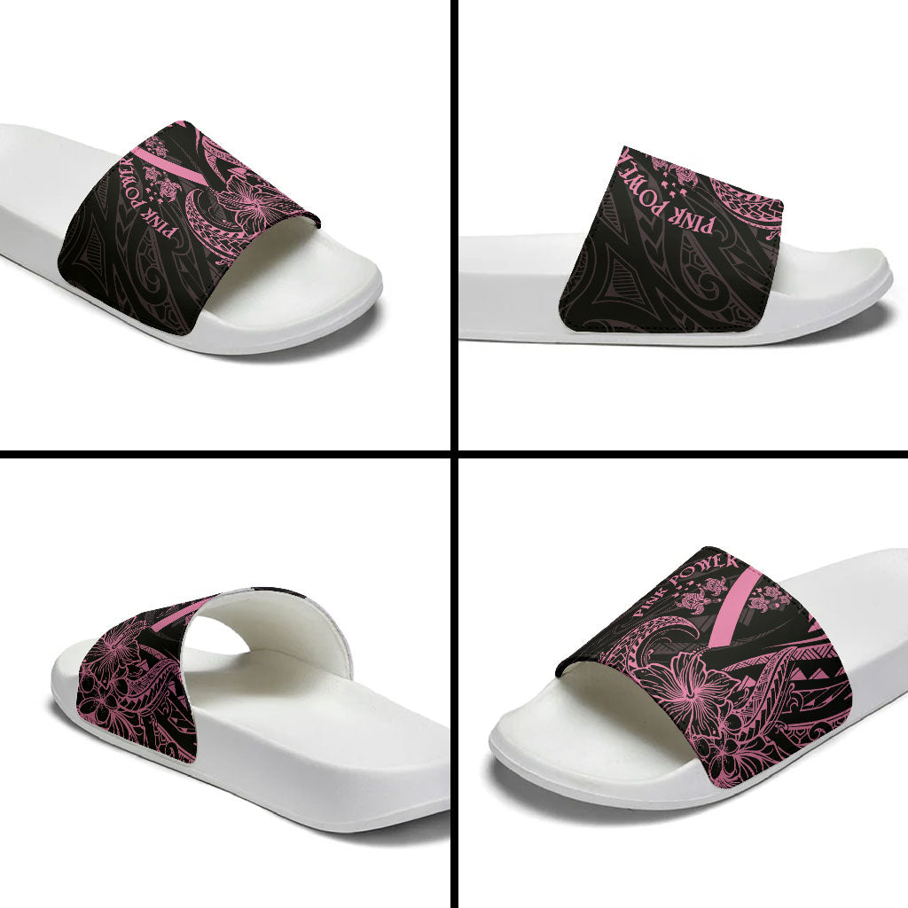Polynesian Pink Power Slide Sandals Breast Cancer Ribbon Turtle and Flowers