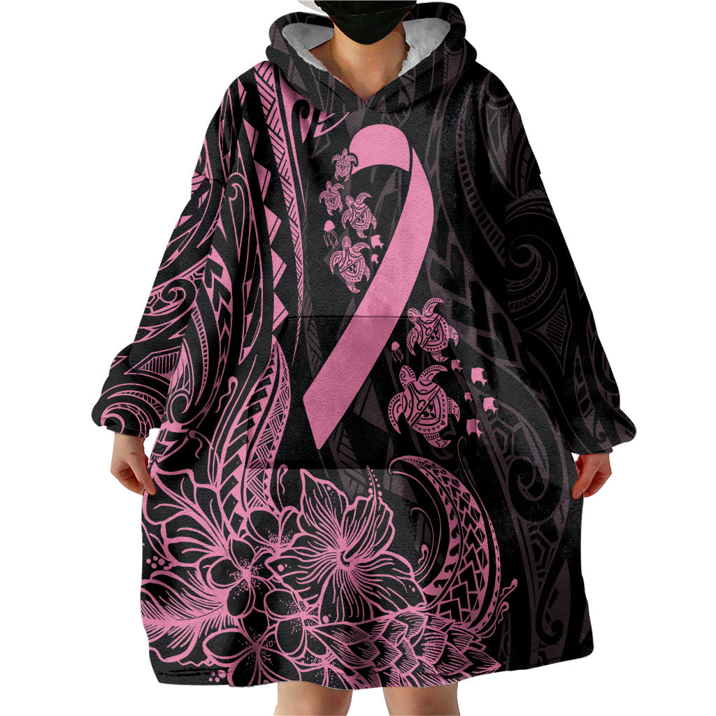 Polynesian Pink Power Wearable Blanket Hoodie Breast Cancer Ribbon Turtle and Flowers