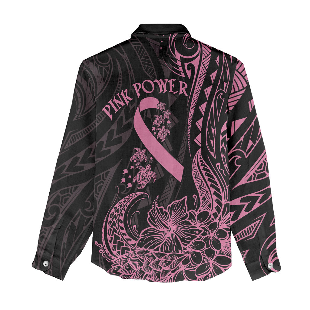 Polynesian Pink Power Women Casual Shirt Breast Cancer Ribbon Turtle and Flowers