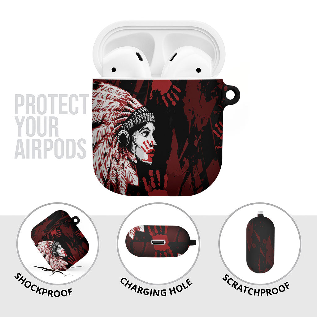 Native American MMIW AirPods Case Red Handprint Grunge Style