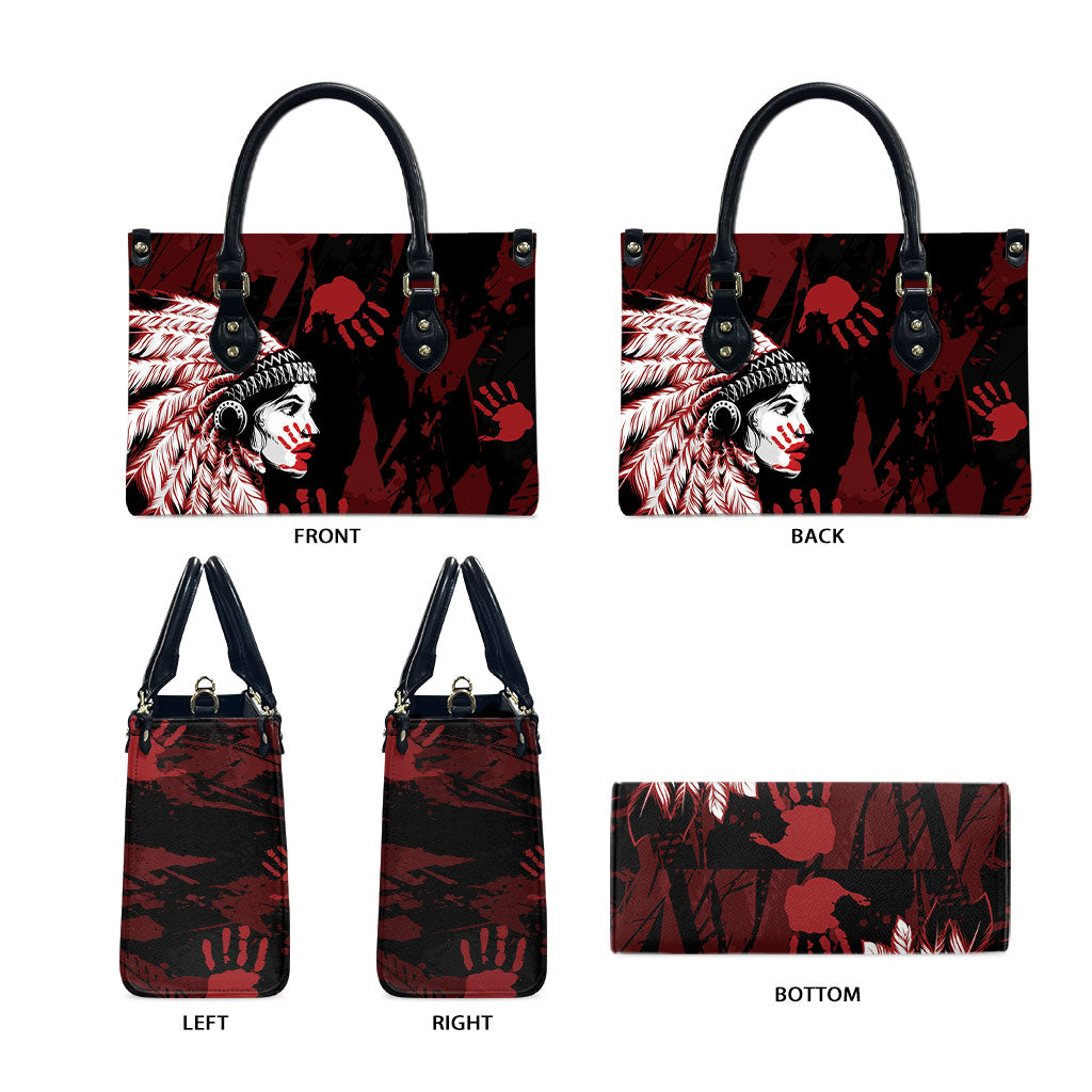 Native American MMIW Leather Bag Red Handprint Grunge Style