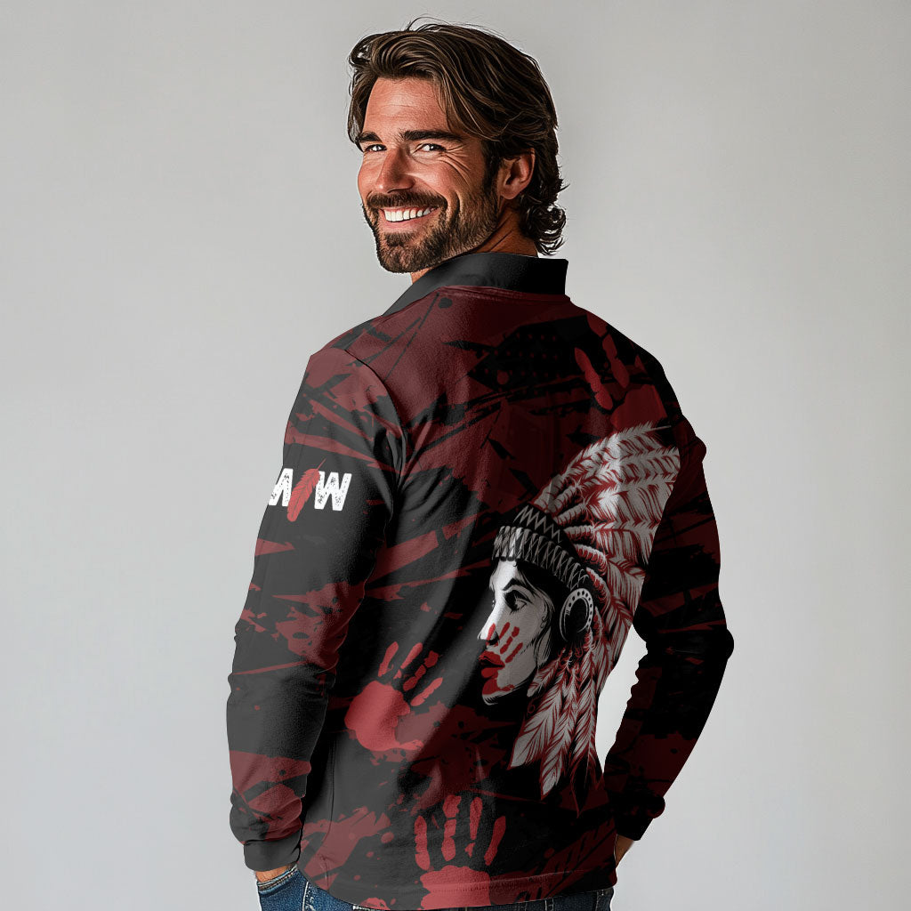 Native American MMIW Long Sleeve Polo Shirt Red Handprint Grunge Style