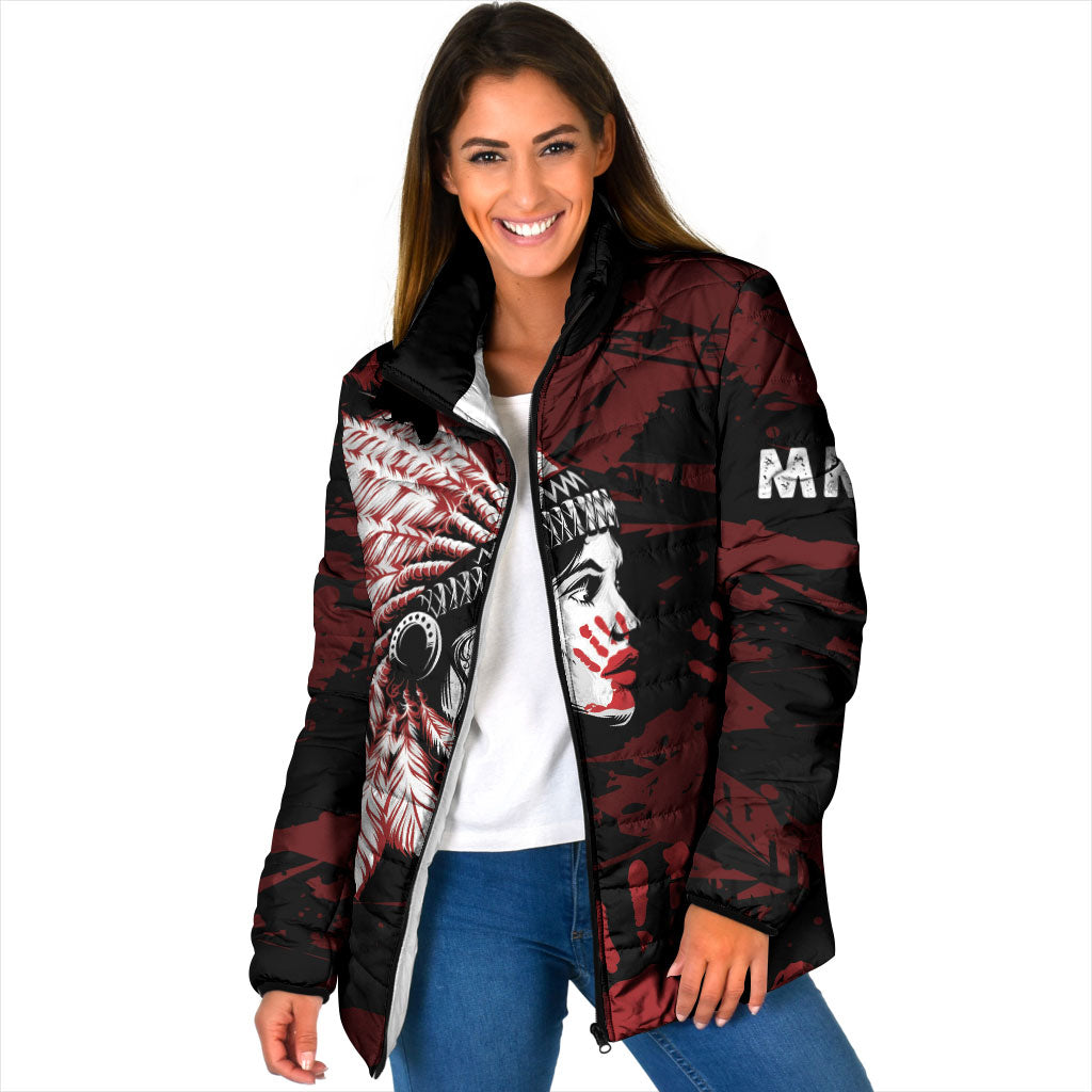 Native American MMIW Padded Jacket Red Handprint Grunge Style