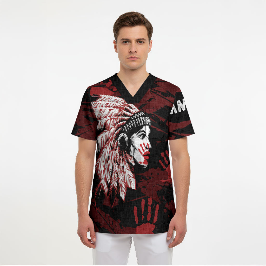 Native American MMIW Scrub Top Red Handprint Grunge Style