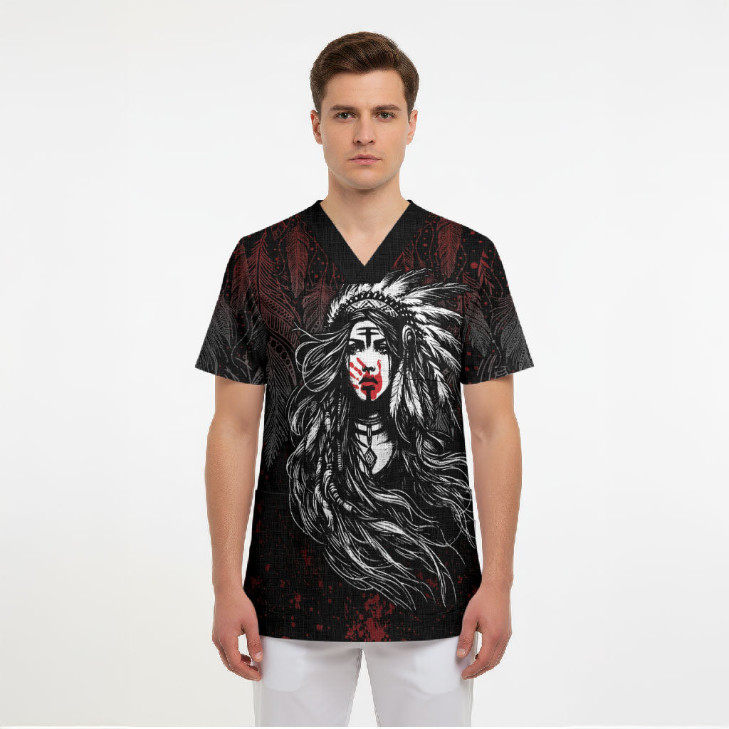 Native American MMIW Red Handprint Scrub Top Dreamcatcher