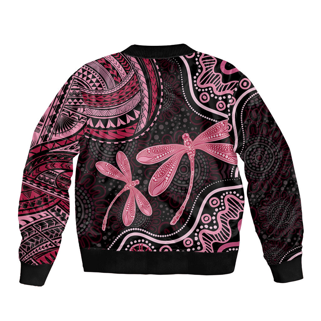 Australia Indigenous Mix Polynesian Bomber Jacket Pink Ribbon and Dragonflies