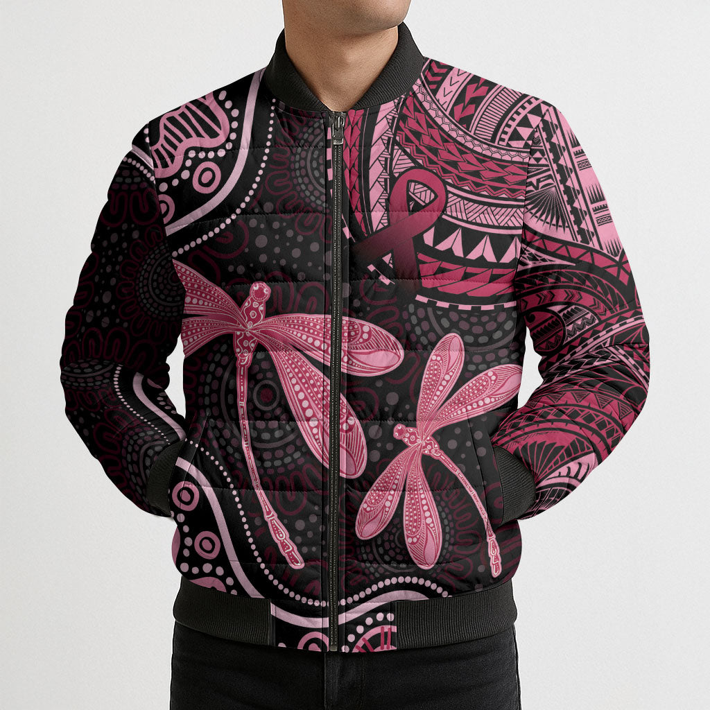 Australia Indigenous Mix Polynesian Bomber Puffer Jacket Pink Ribbon and Dragonflies