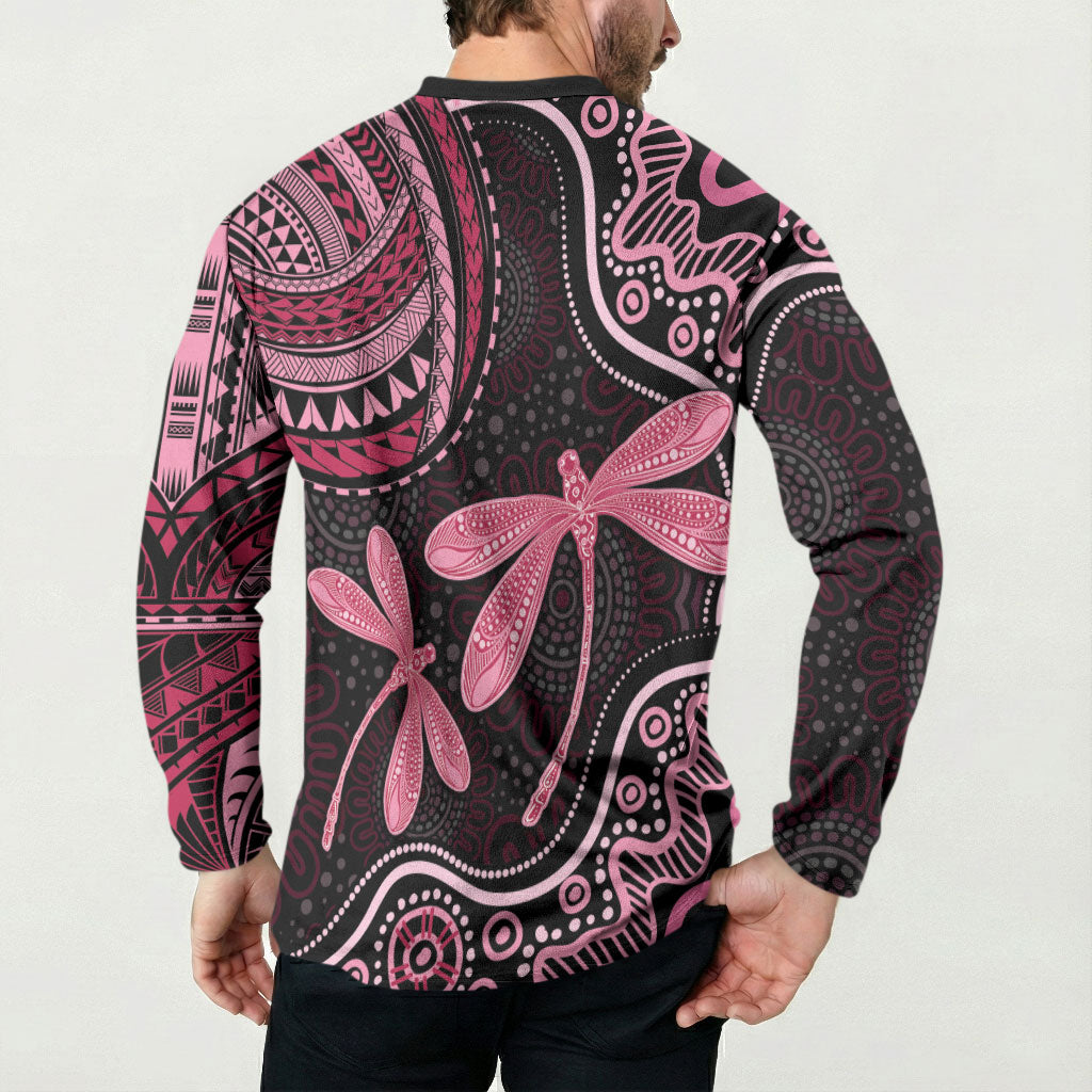 Australia Indigenous Mix Polynesian Button Sweatshirt Pink Ribbon and Dragonflies