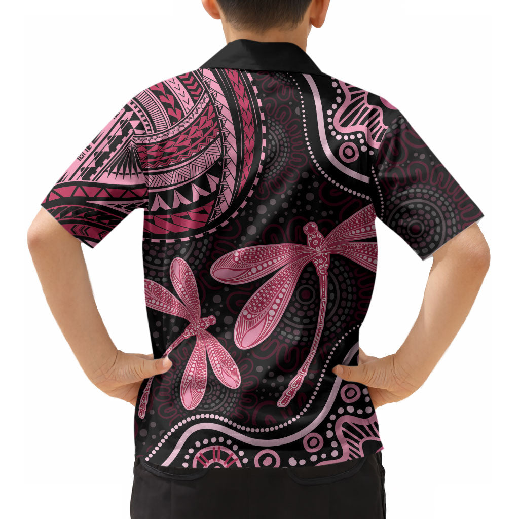 Australia Indigenous Mix Polynesian Kid Hawaiian Shirt Pink Ribbon and Dragonflies