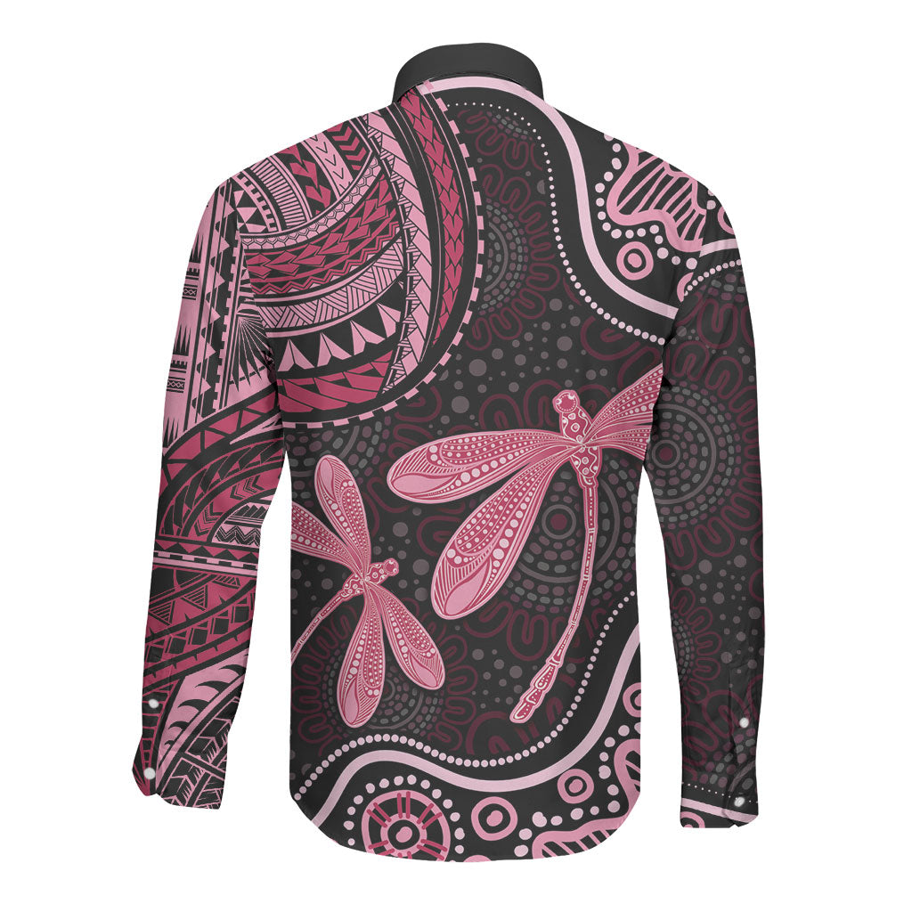 Australia Indigenous Mix Polynesian Long Sleeve Button Shirt Pink Ribbon and Dragonflies