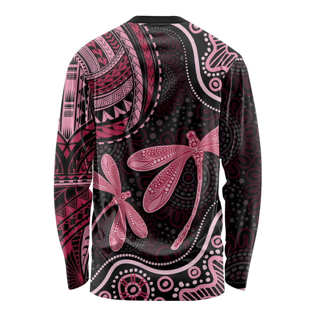 Australia Indigenous Mix Polynesian Long Sleeve Shirt Pink Ribbon and Dragonflies