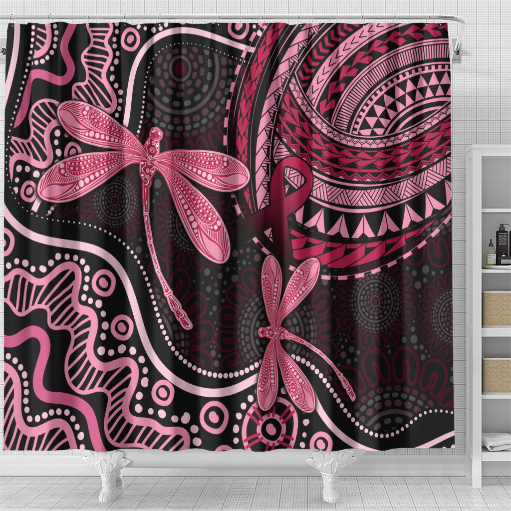 Australia Indigenous Mix Polynesian Shower Curtain Pink Ribbon and Dragonflies