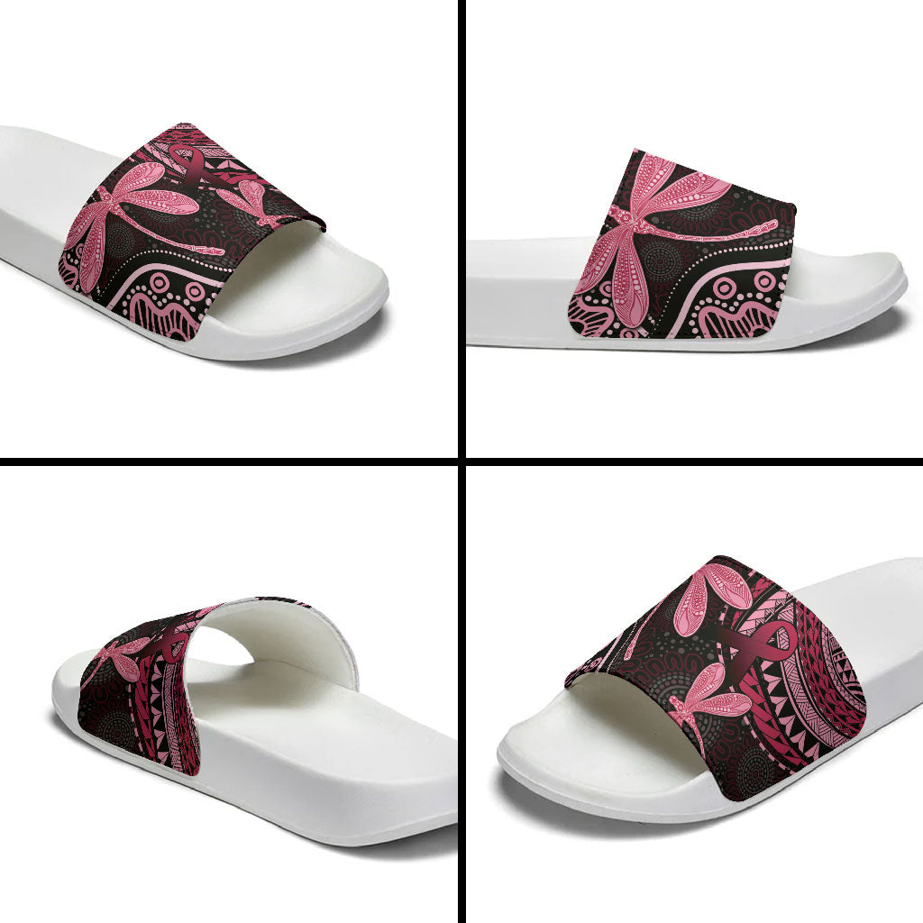 Australia Indigenous Mix Polynesian Slide Sandals Pink Ribbon and Dragonflies