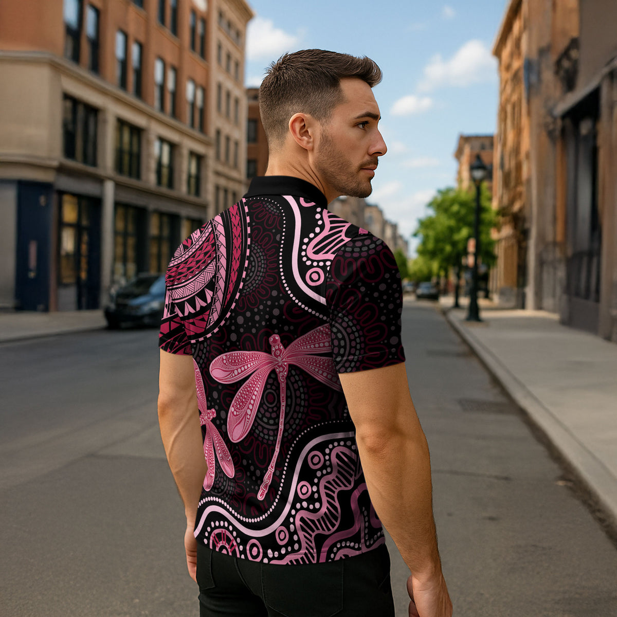 Australia Indigenous Mix Polynesian Zipper Polo Shirt Pink Ribbon and Dragonflies