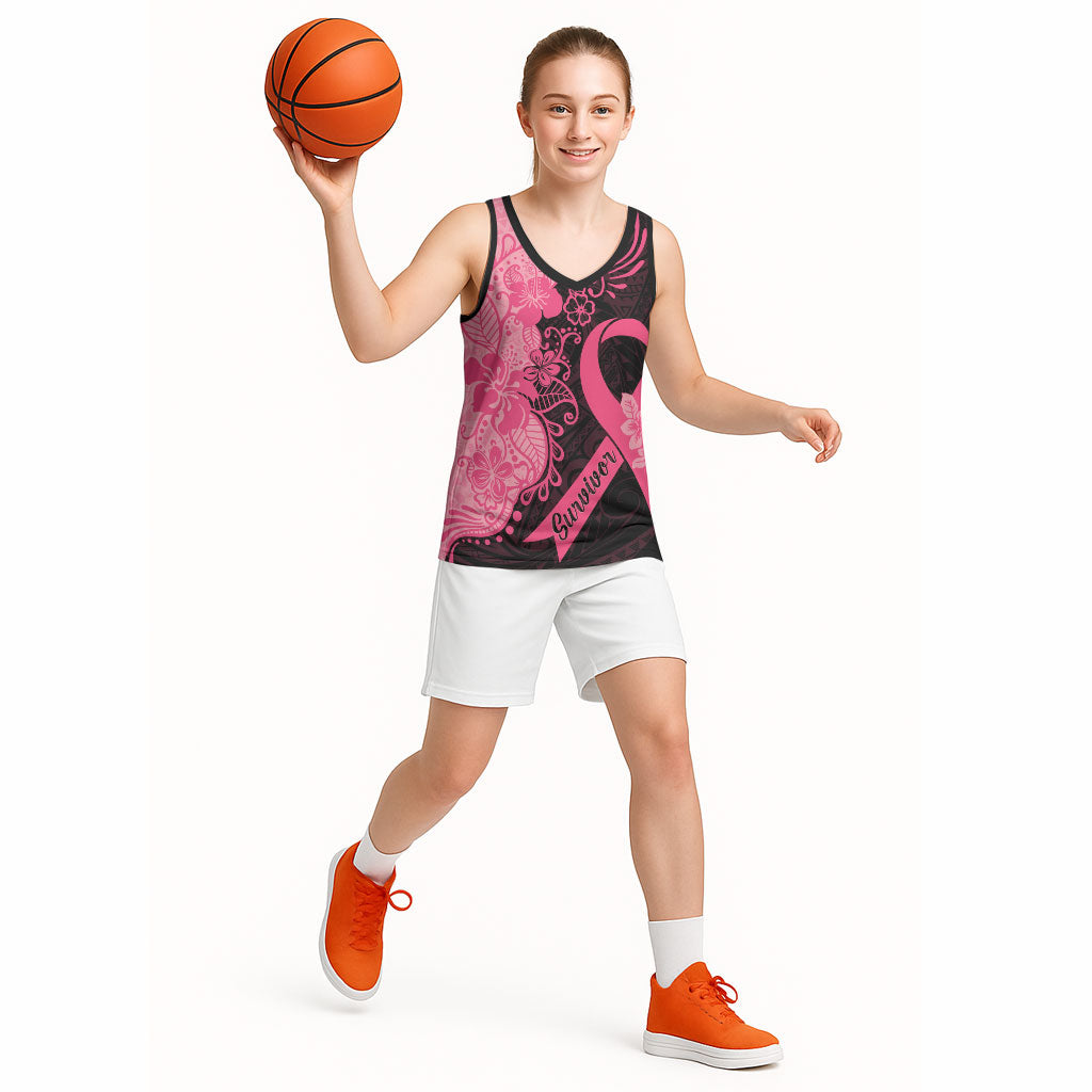 Polynesian Basketball Jersey Plumeria Breast Cancer Survivor Ribbon Pink