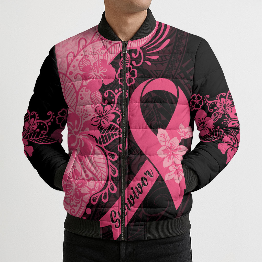 Polynesian Bomber Puffer Jacket Plumeria Breast Cancer Survivor Ribbon Pink