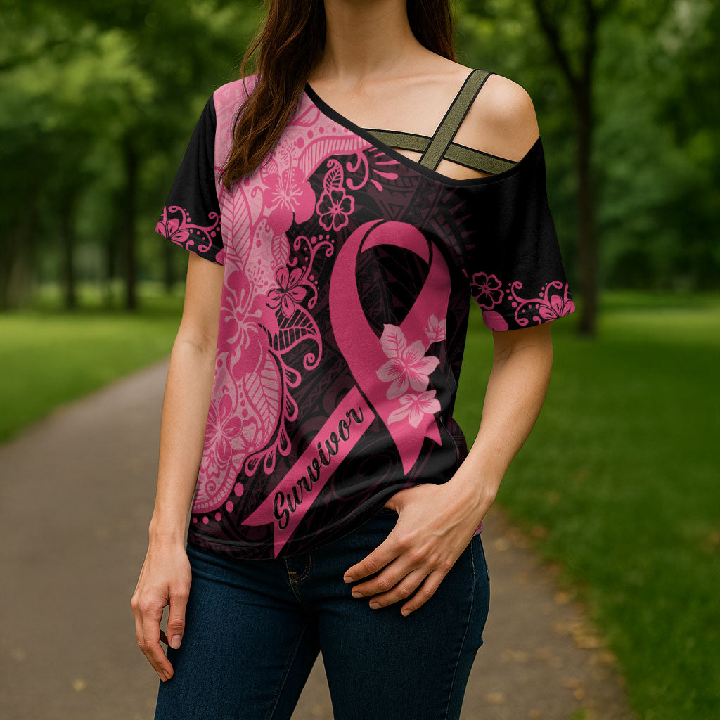 Polynesian Cross Shoulder Shirt Plumeria Breast Cancer Survivor Ribbon Pink