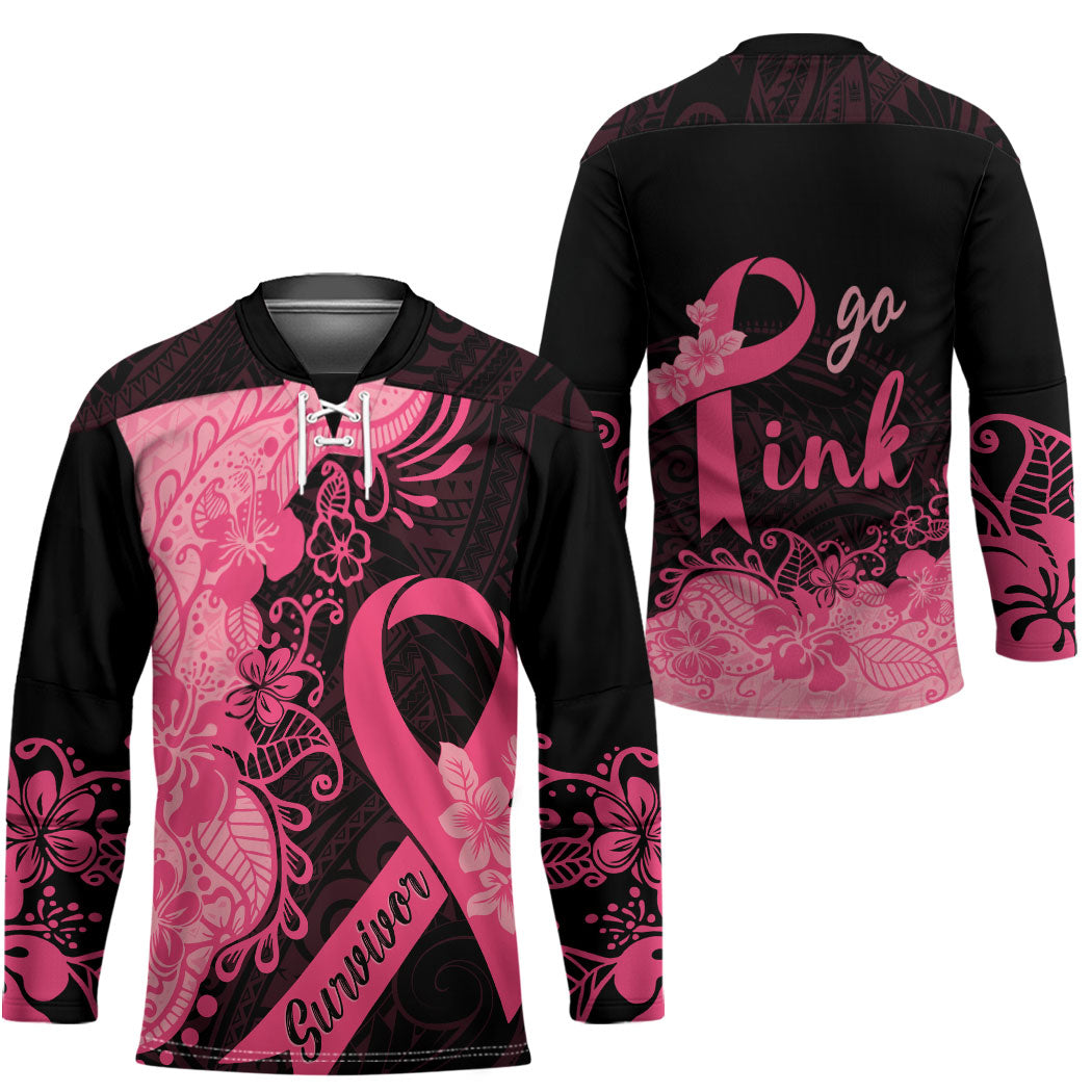 Polynesian Hockey Jersey Plumeria Breast Cancer Survivor Ribbon Pink