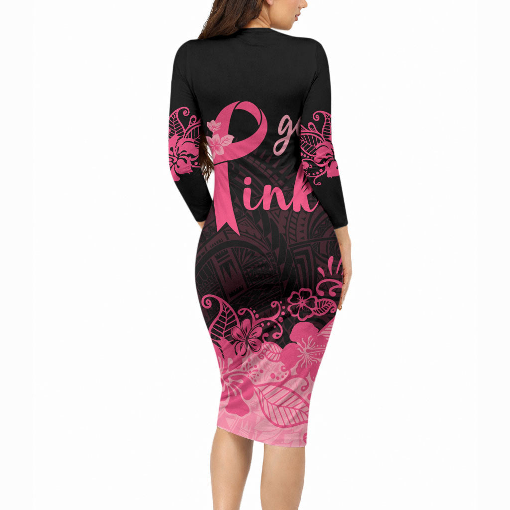 Polynesian Long Sleeve Bodycon Dress Plumeria Breast Cancer Survivor Ribbon Pink