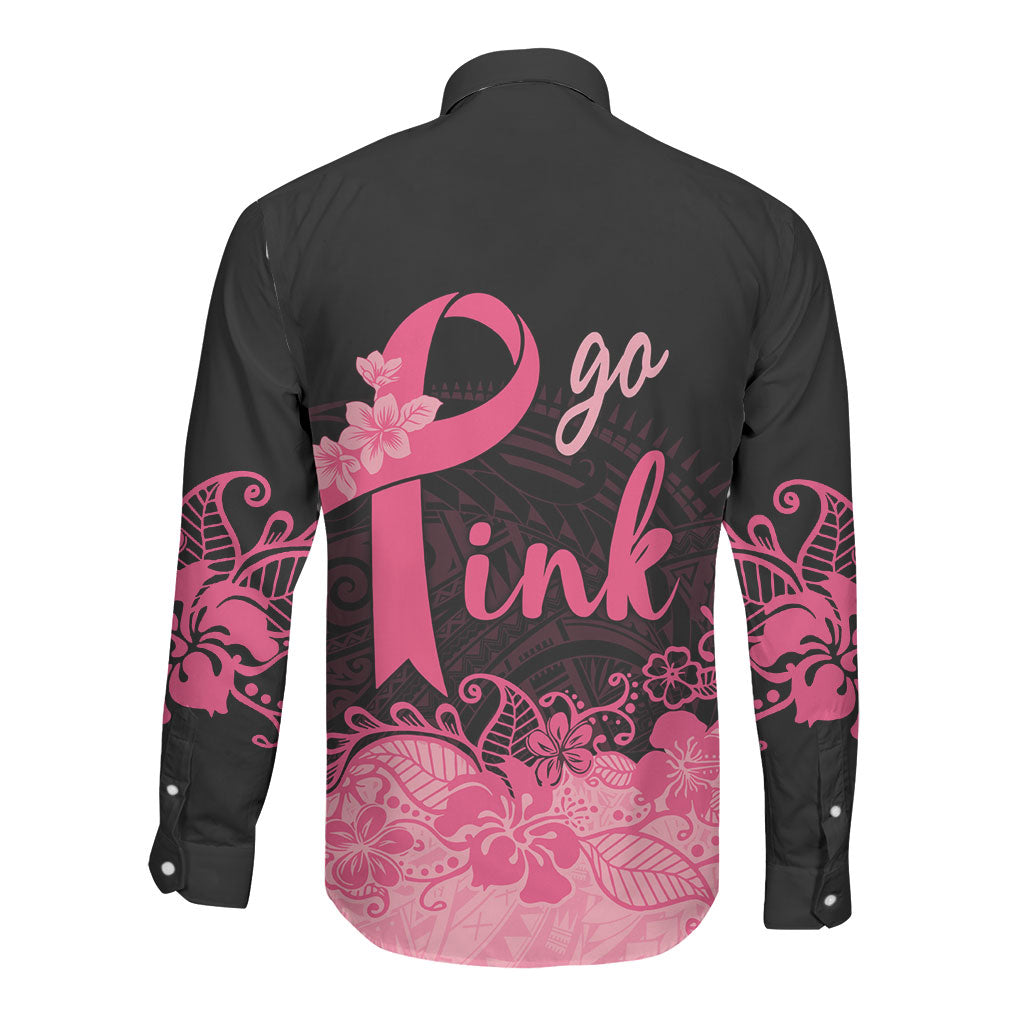 Polynesian Long Sleeve Button Shirt Plumeria Breast Cancer Survivor Ribbon Pink