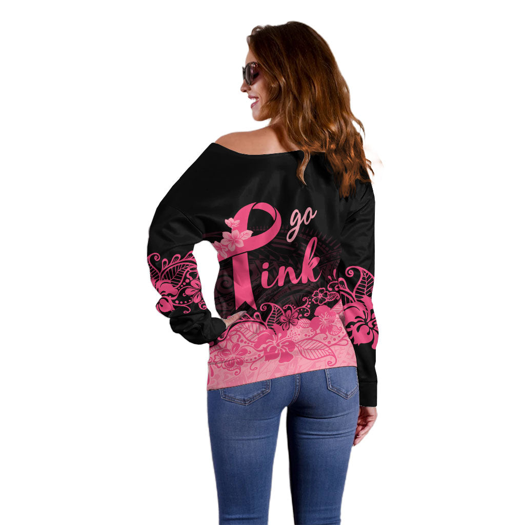 Polynesian Off Shoulder Sweater Plumeria Breast Cancer Survivor Ribbon Pink