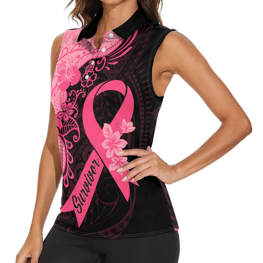 Polynesian Women Sleeveless Polo Shirt Plumeria Breast Cancer Survivor Ribbon Pink