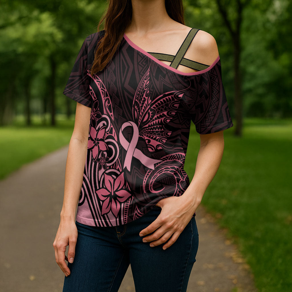 Polynesian Cross Shoulder Shirt Breast Cancer Ribbon Butterfly Mix Plumeria Curves Pink