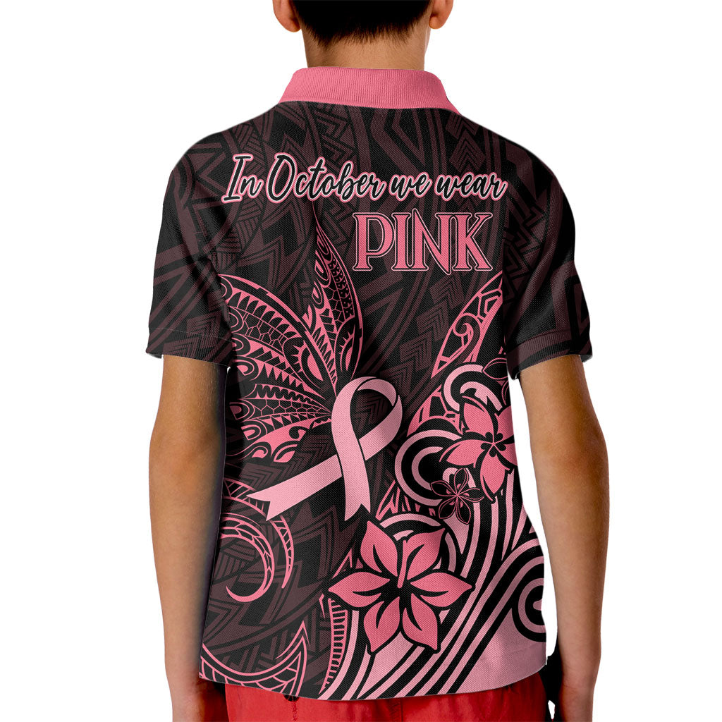 Polynesian Kid Polo Shirt Breast Cancer Ribbon Butterfly Mix Plumeria Curves Pink