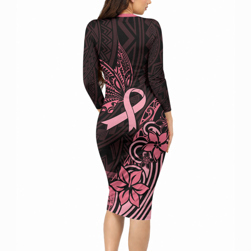 Polynesian Long Sleeve Bodycon Dress Breast Cancer Ribbon Butterfly Mix Plumeria Curves Pink