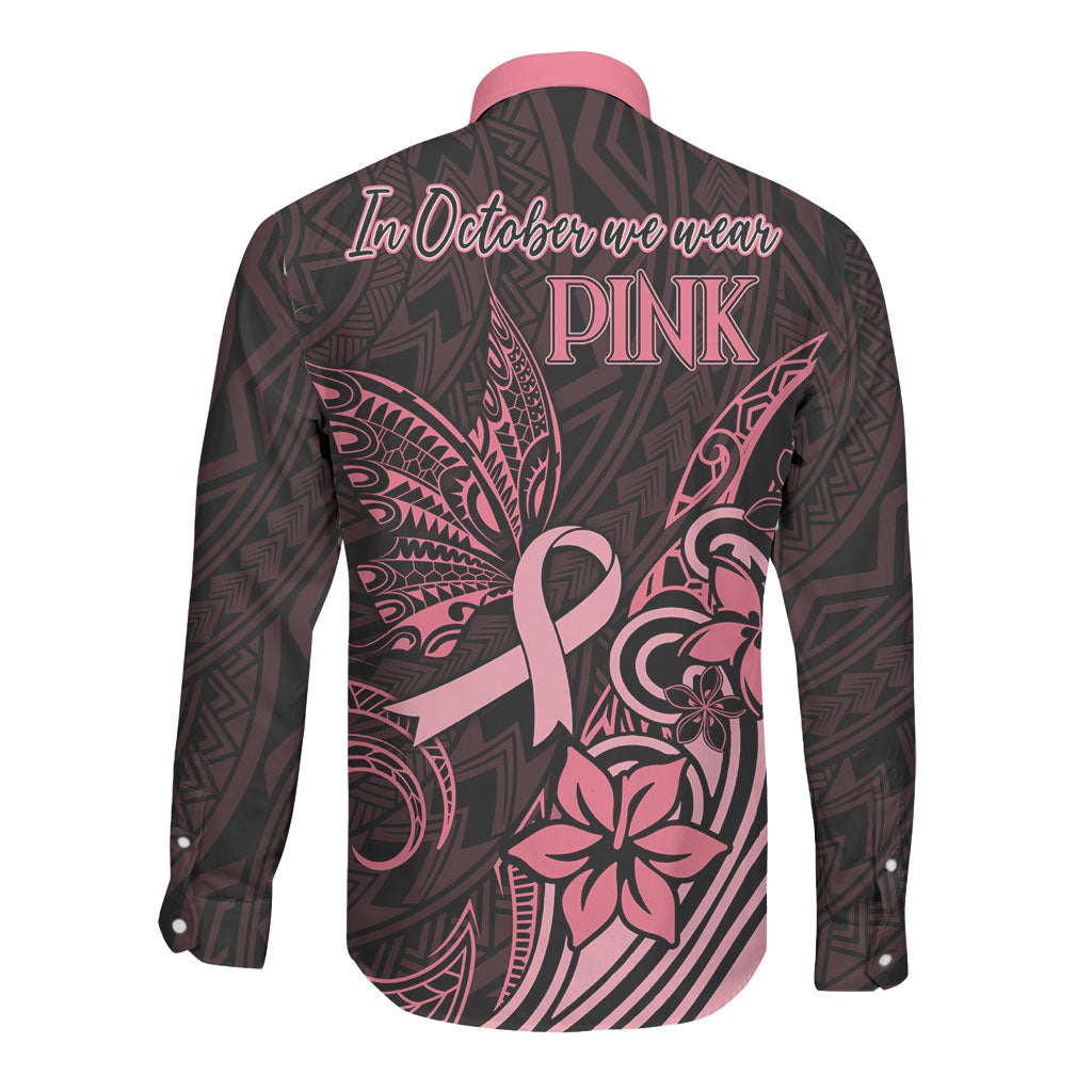 Polynesian Long Sleeve Button Shirt Breast Cancer Ribbon Butterfly Mix Plumeria Curves Pink
