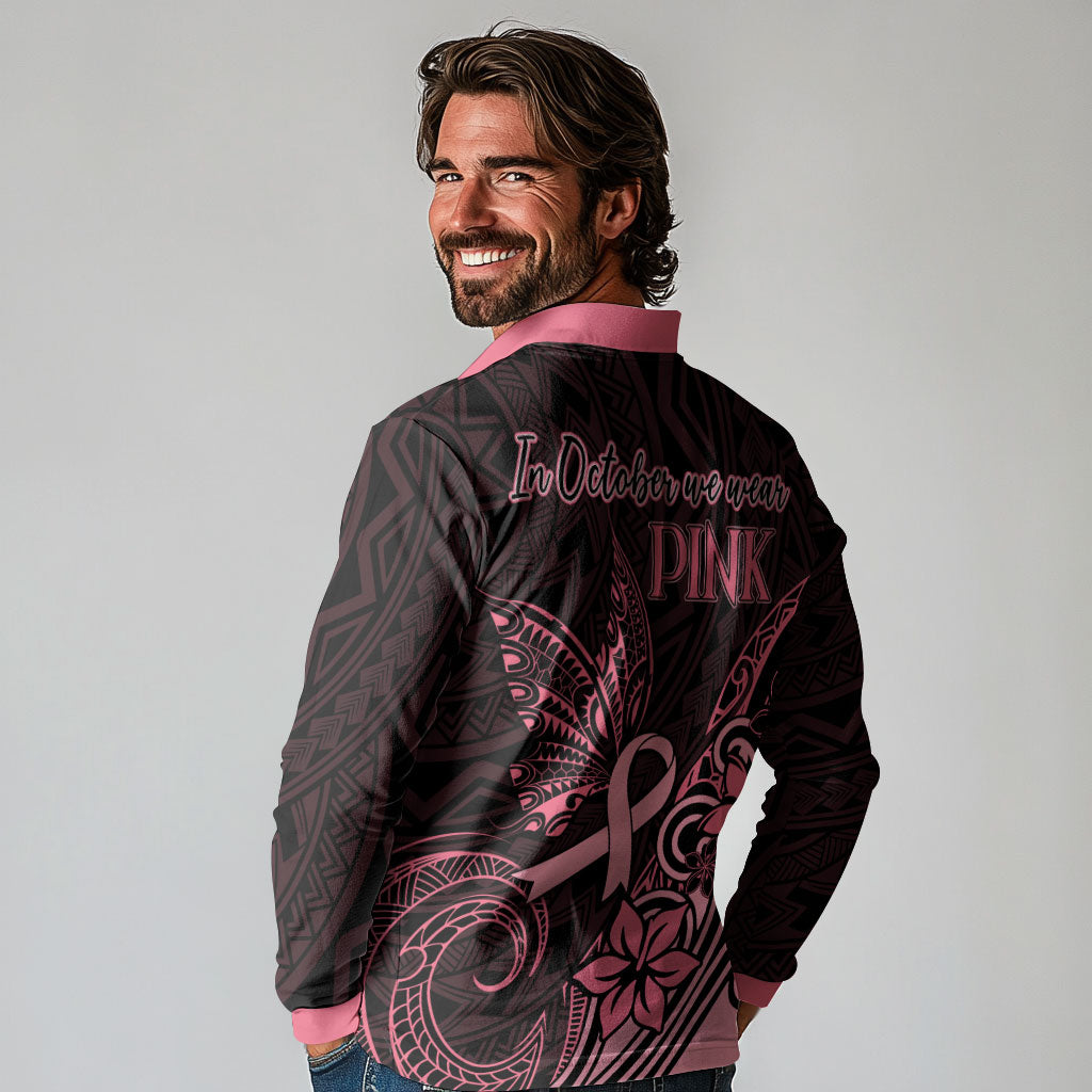 Polynesian Long Sleeve Polo Shirt Breast Cancer Ribbon Butterfly Mix Plumeria Curves Pink