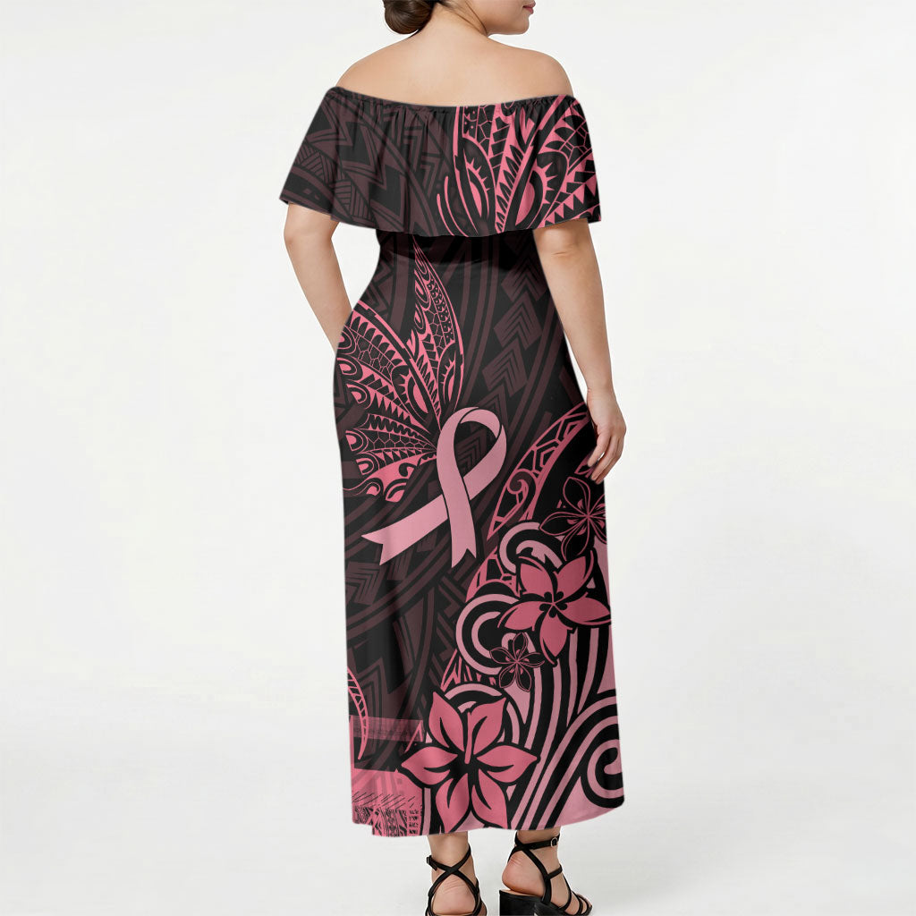 Polynesian Off Shoulder Maxi Dress Breast Cancer Ribbon Butterfly Mix Plumeria Curves Pink