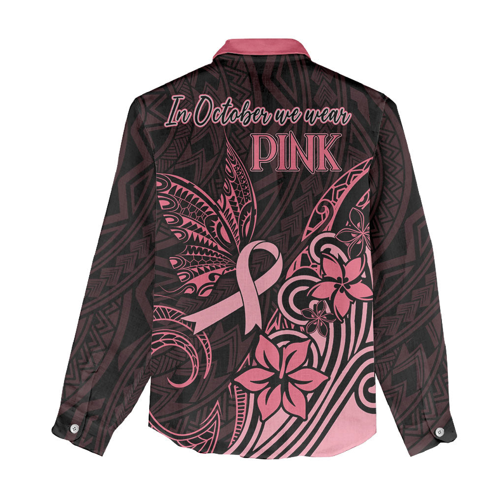 Polynesian Women Casual Shirt Breast Cancer Ribbon Butterfly Mix Plumeria Curves Pink