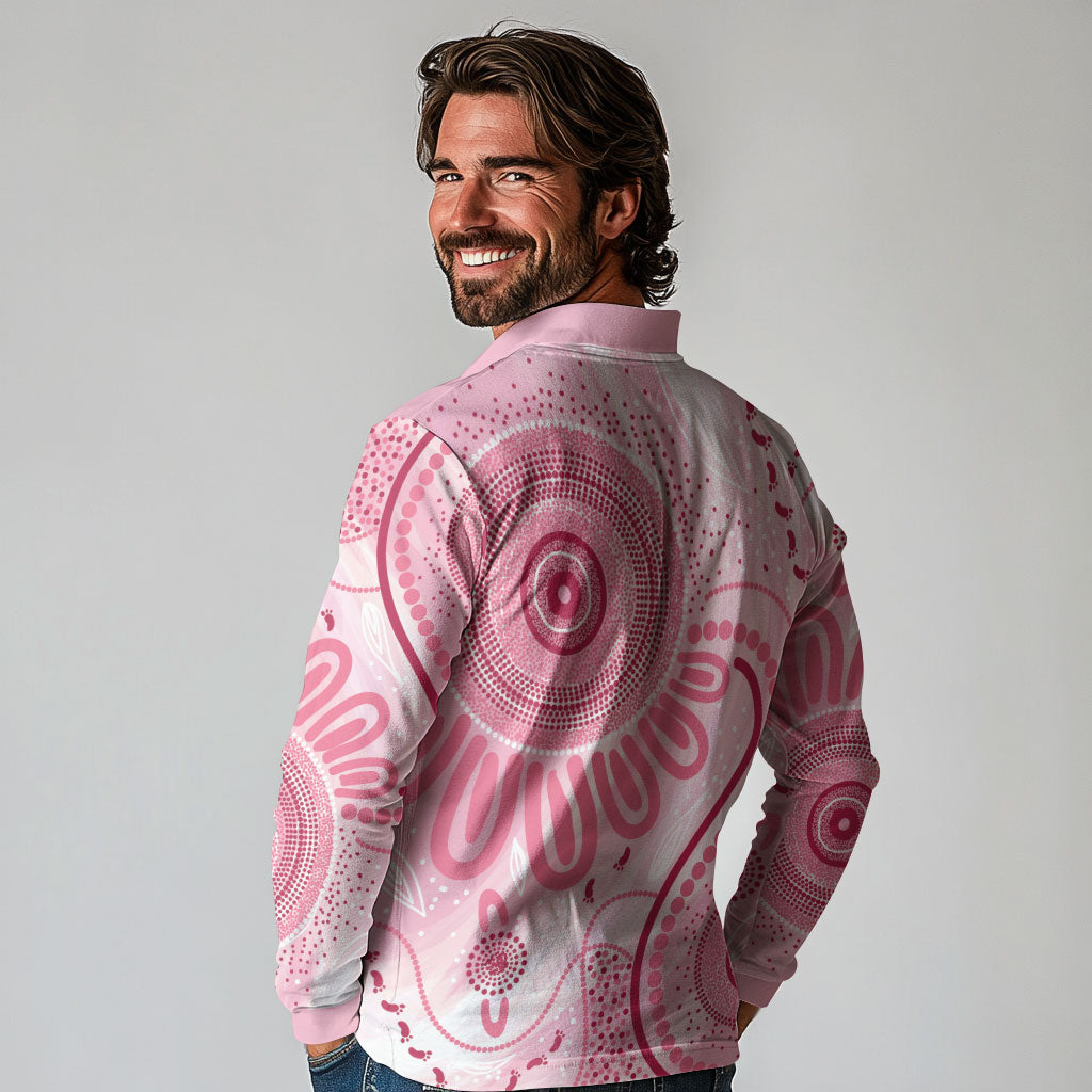 NAIDOC Week 2025 Indigenous Long Sleeve Polo Shirt Breast Cancer Pink Ribbon
