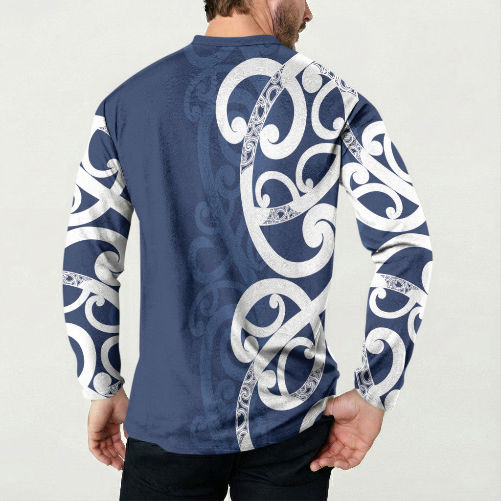 New Zealand Maori Mo Bros Button Sweatshirt Blue Ribbon With Koru Kowhaiwhai