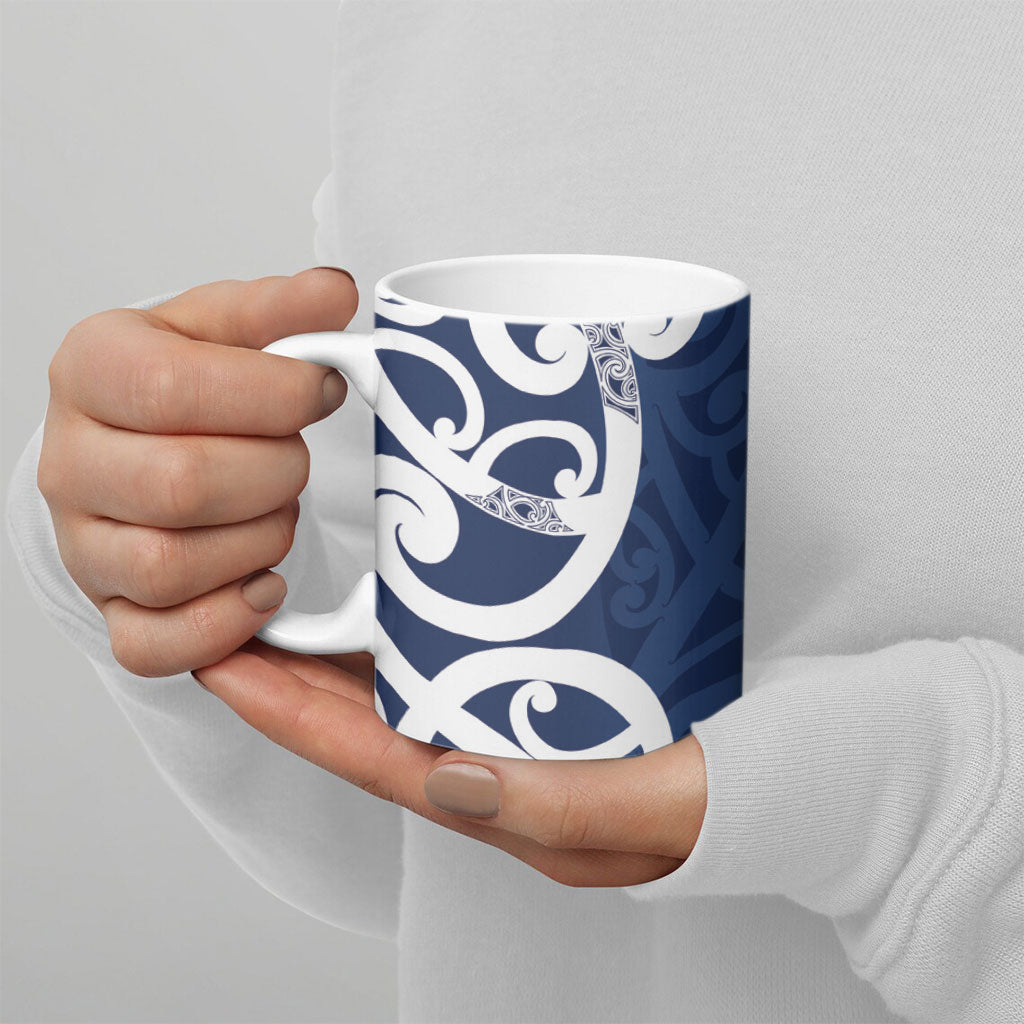 New Zealand Maori Mo Bros Ceramic Mug Blue Ribbon With Koru Kowhaiwhai