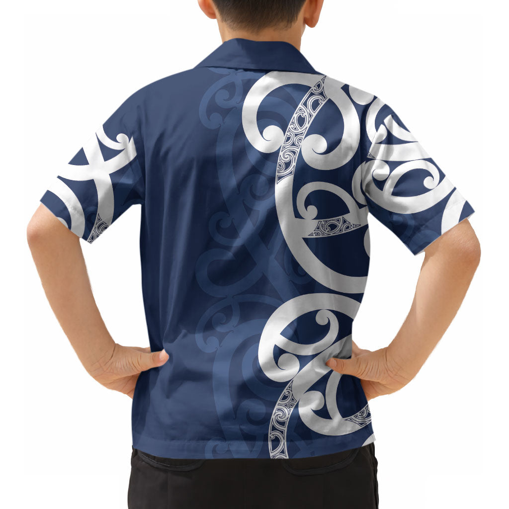 New Zealand Maori Mo Bros Kid Hawaiian Shirt Blue Ribbon With Koru Kowhaiwhai