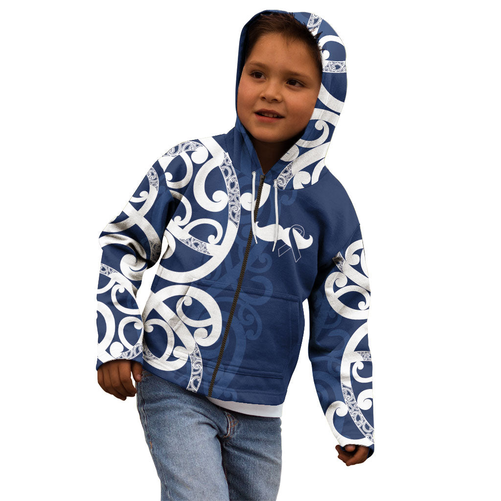 New Zealand Maori Mo Bros Kid Hoodie Blue Ribbon With Koru Kowhaiwhai