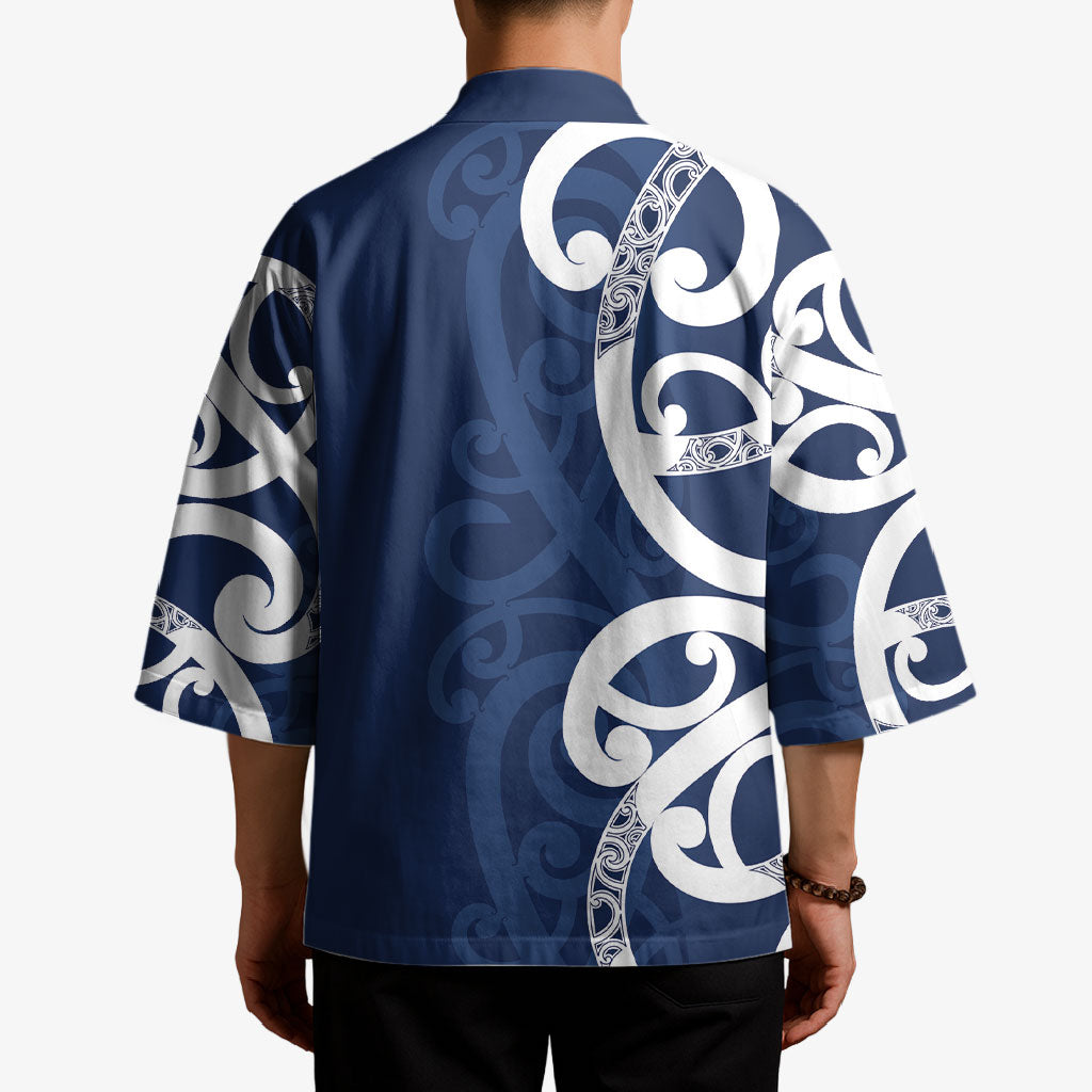 New Zealand Maori Mo Bros Kimono Blue Ribbon With Koru Kowhaiwhai