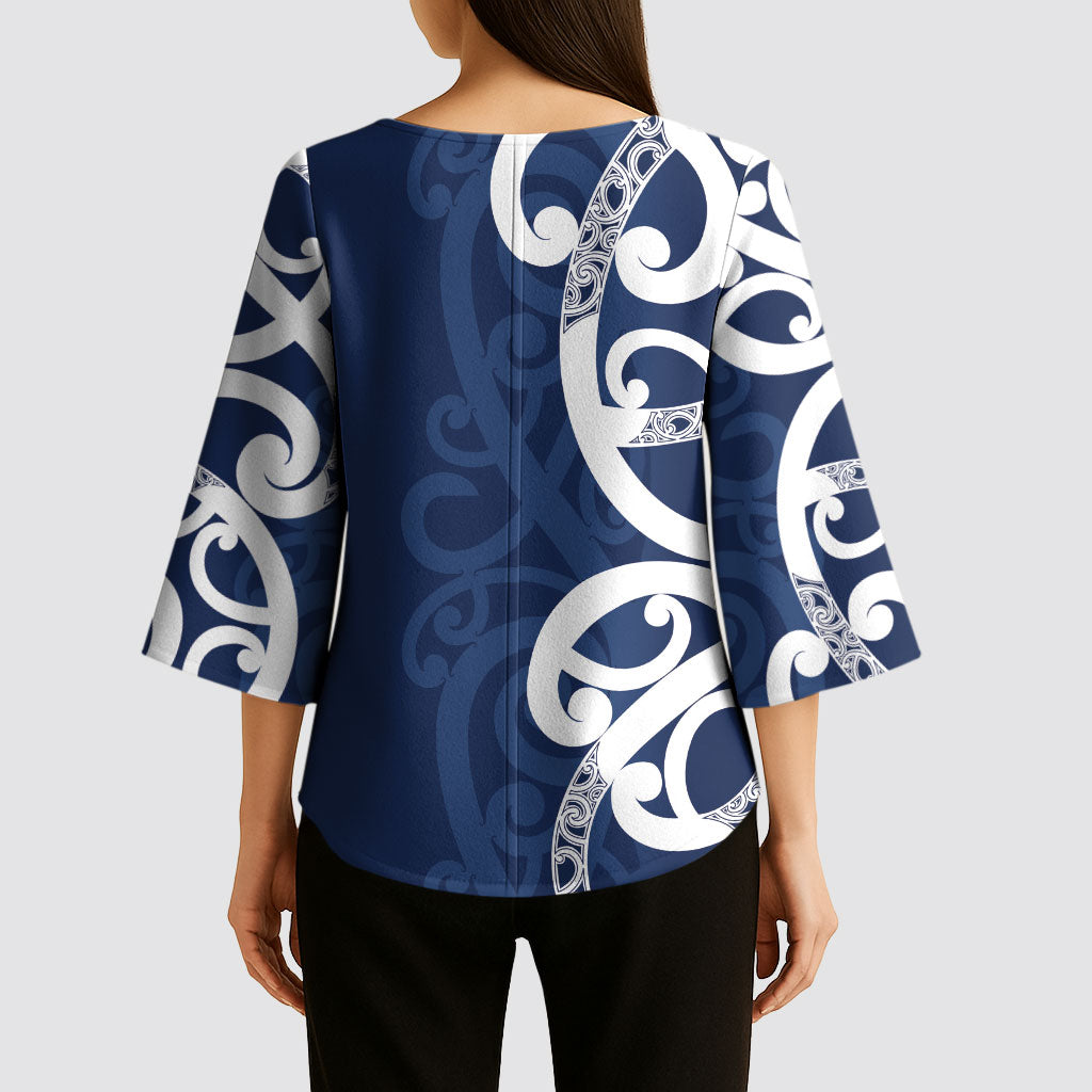 New Zealand Maori Mo Bros Kimono Sleeve Blouse Blue Ribbon With Koru Kowhaiwhai