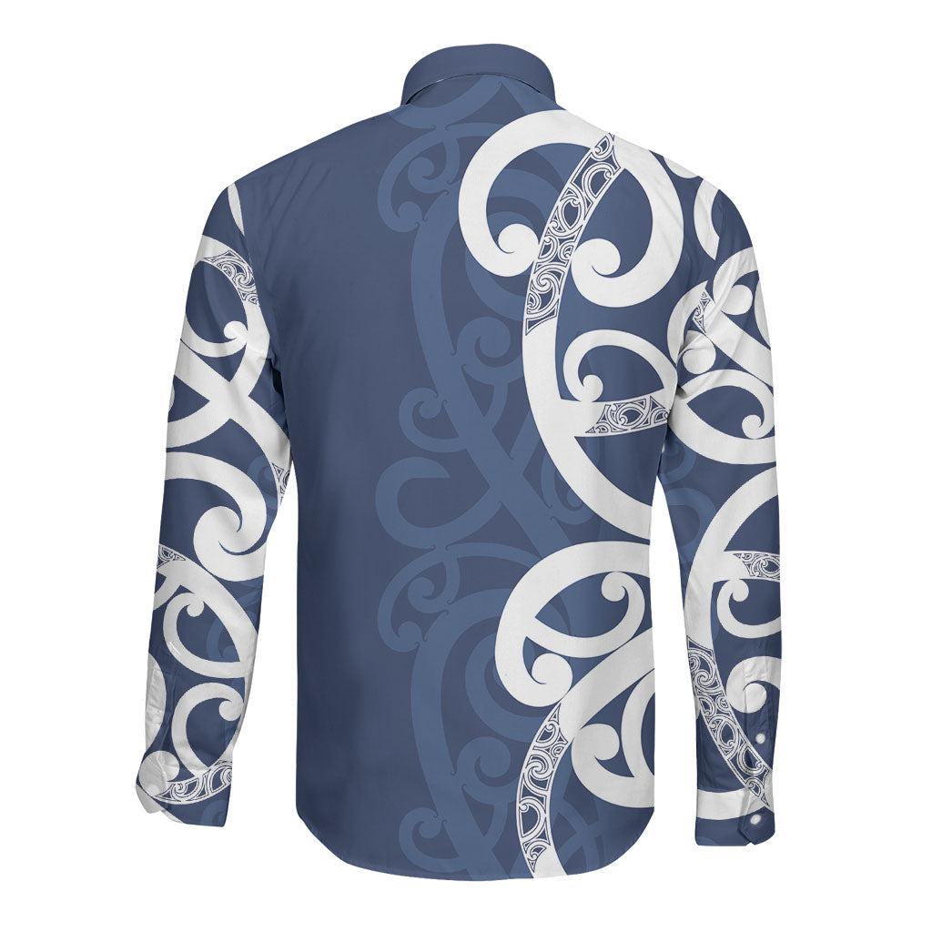 New Zealand Maori Mo Bros Long Sleeve Button Shirt Blue Ribbon With Koru Kowhaiwhai