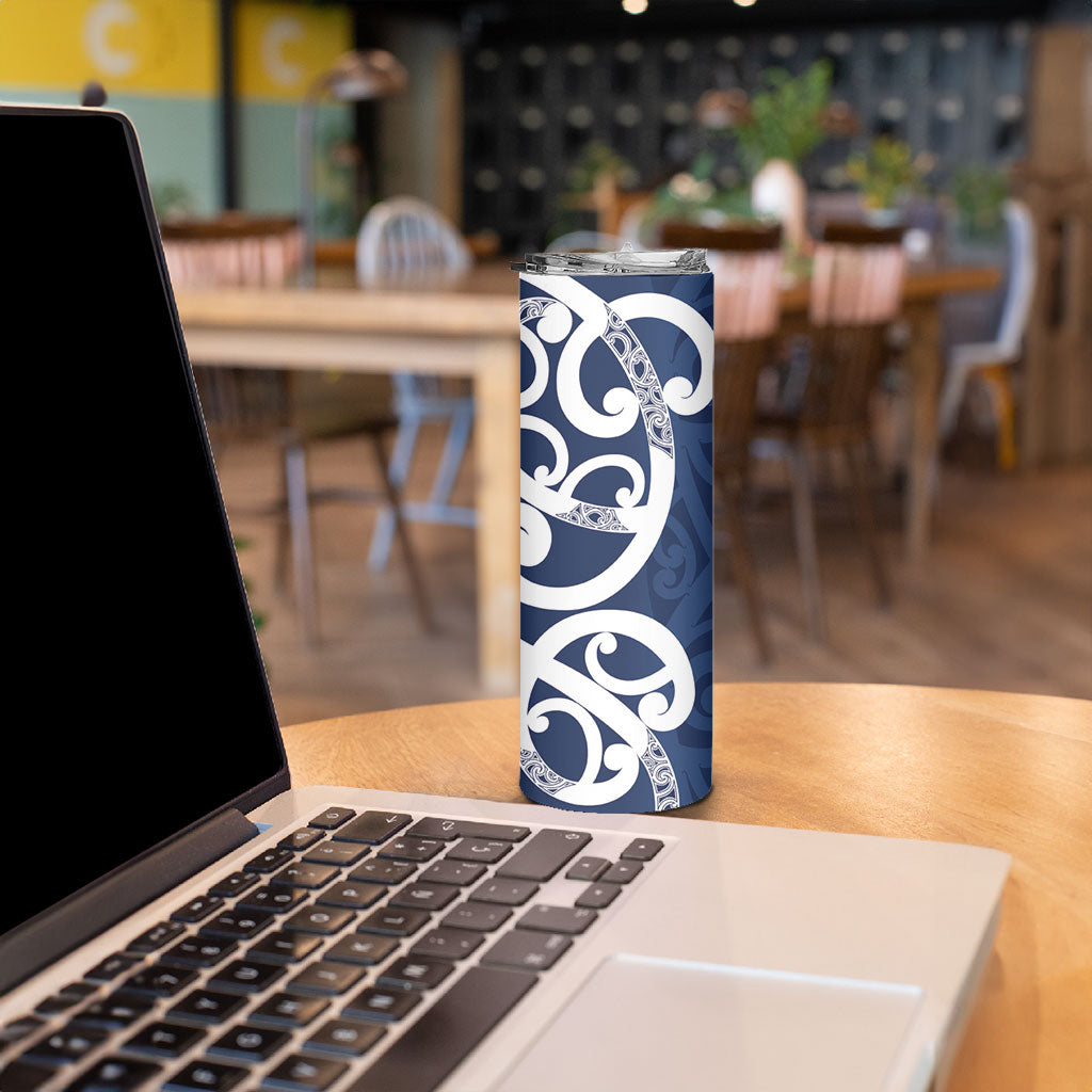 New Zealand Maori Mo Bros Skinny Tumbler Blue Ribbon With Koru Kowhaiwhai