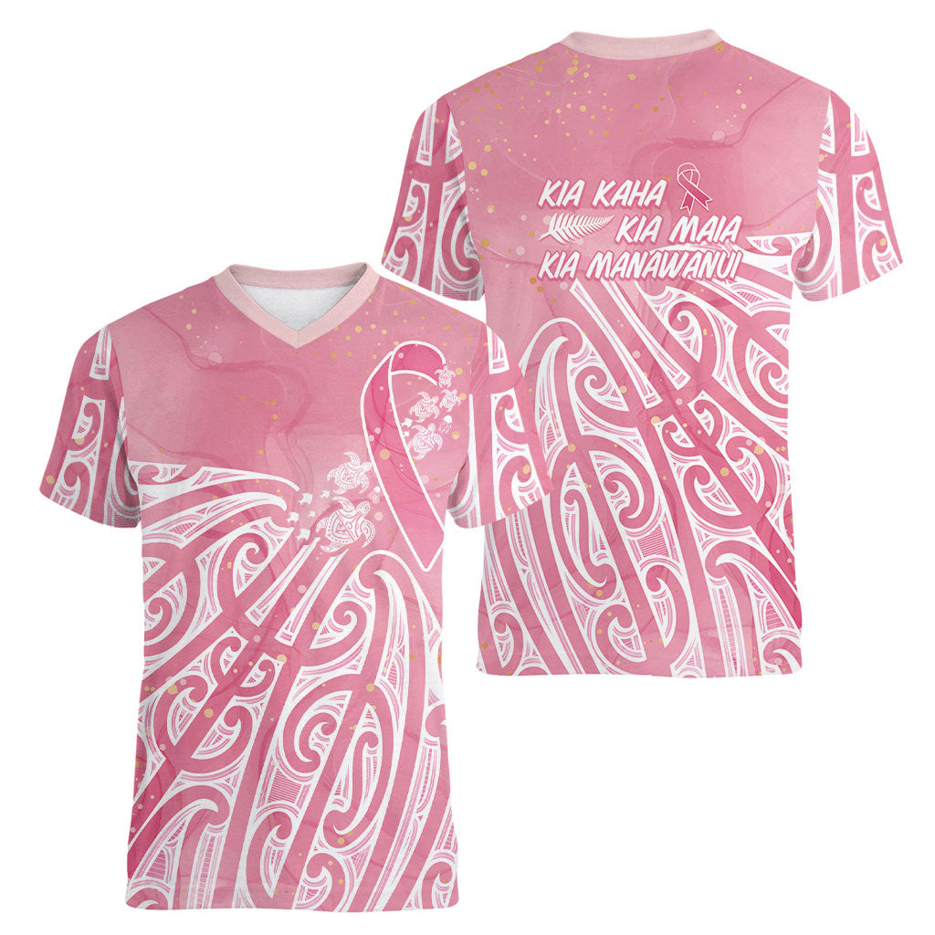 Breast Cancer Pink October Maori Women V-Neck T-Shirt Kia Kaha Kia Maia Kia Manawanui